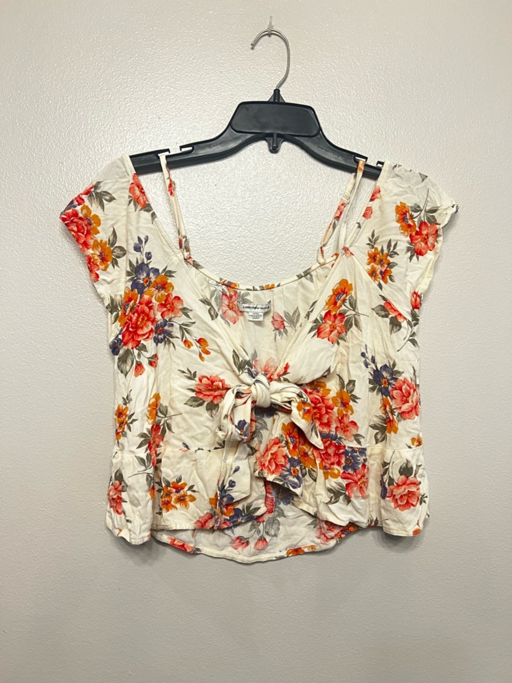 AE Floral Tie-Front Crop Top Cream Floral Crop Strapy Cottagecore Boho‎